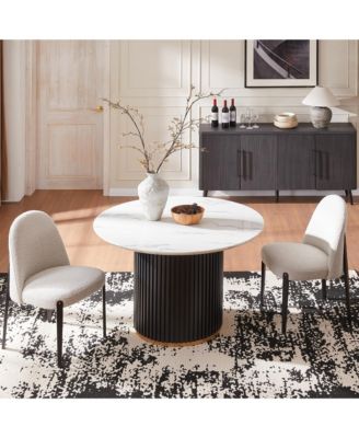 Modern 3-Piece Faux Marble Round Dining Table with Boucle Chairs in White Dining Room Set for Kitchen