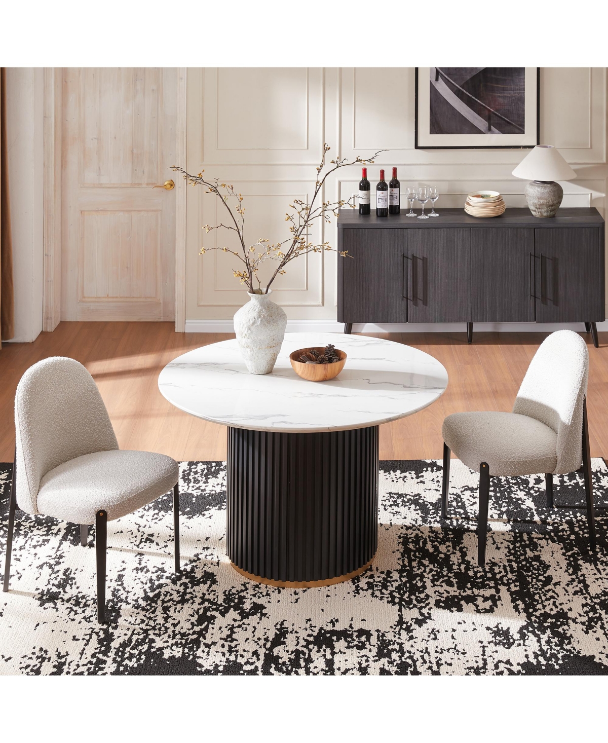 Morden Fort Modern 3-Piece Faux Marble Round Dining Table with Boucle Chairs in White Dining Room Set for Kitchen