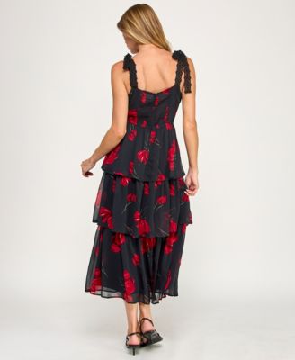 Juniors' Sleeveless Tiered Floral Midi Dress