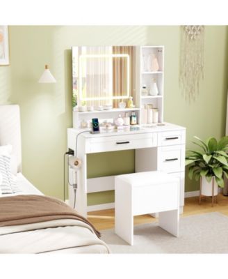 Glass Top Vanity Desk with LED Mirror, 3-Color Lighting & Hair Dryer Stand – 4 Drawers, Charging Station