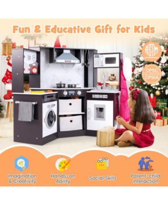 Wooden Kids Play Kitchen with Realistic Lights, Sounds, and Storage