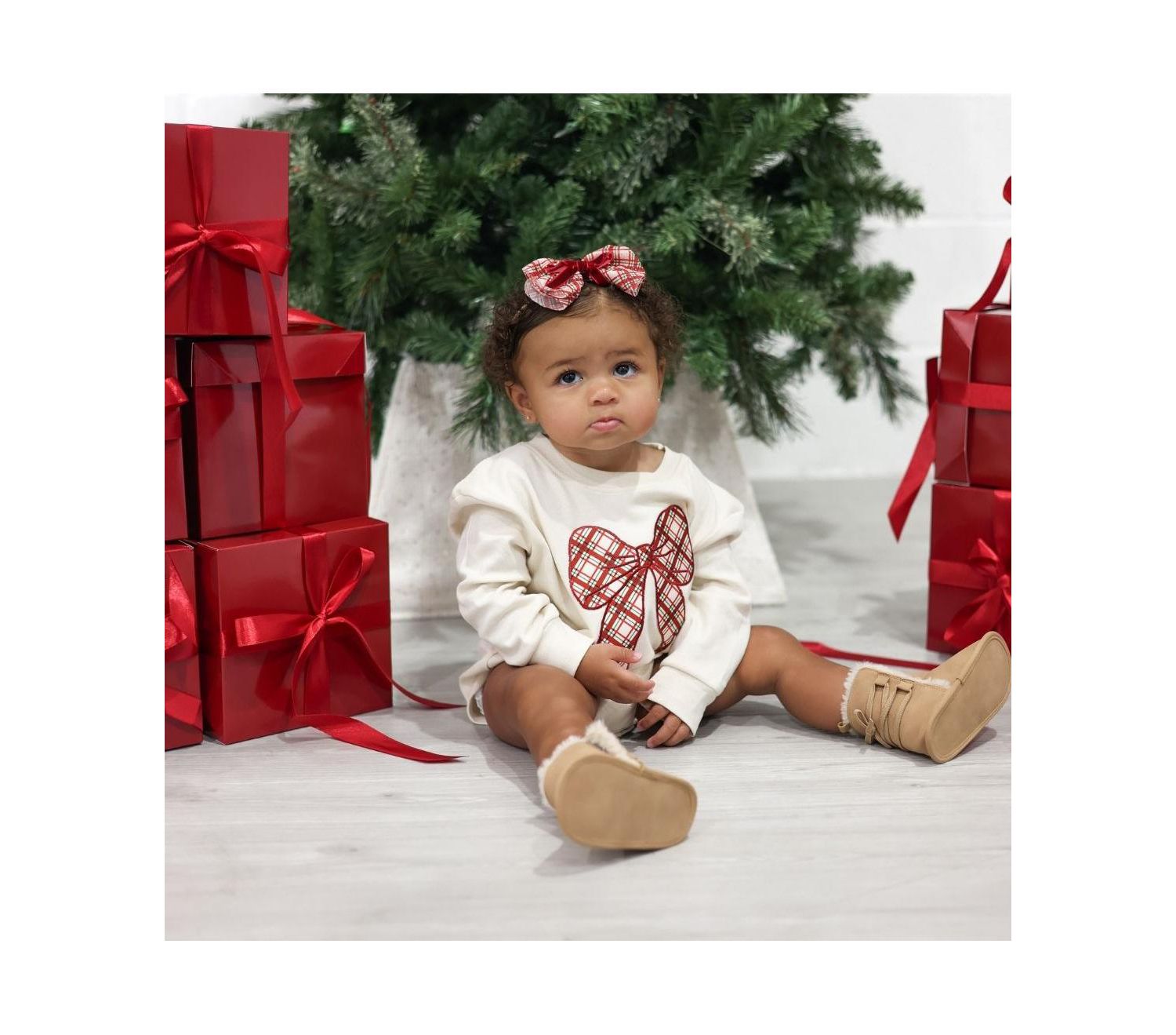 Baby Girls Christmas Plaid Bow Patch Long Sleeve Romper