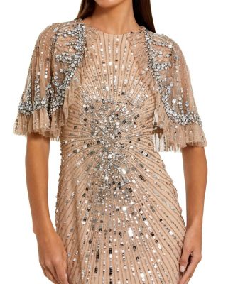 Women's Fitted Beaded Mesh Gown With Capelet
