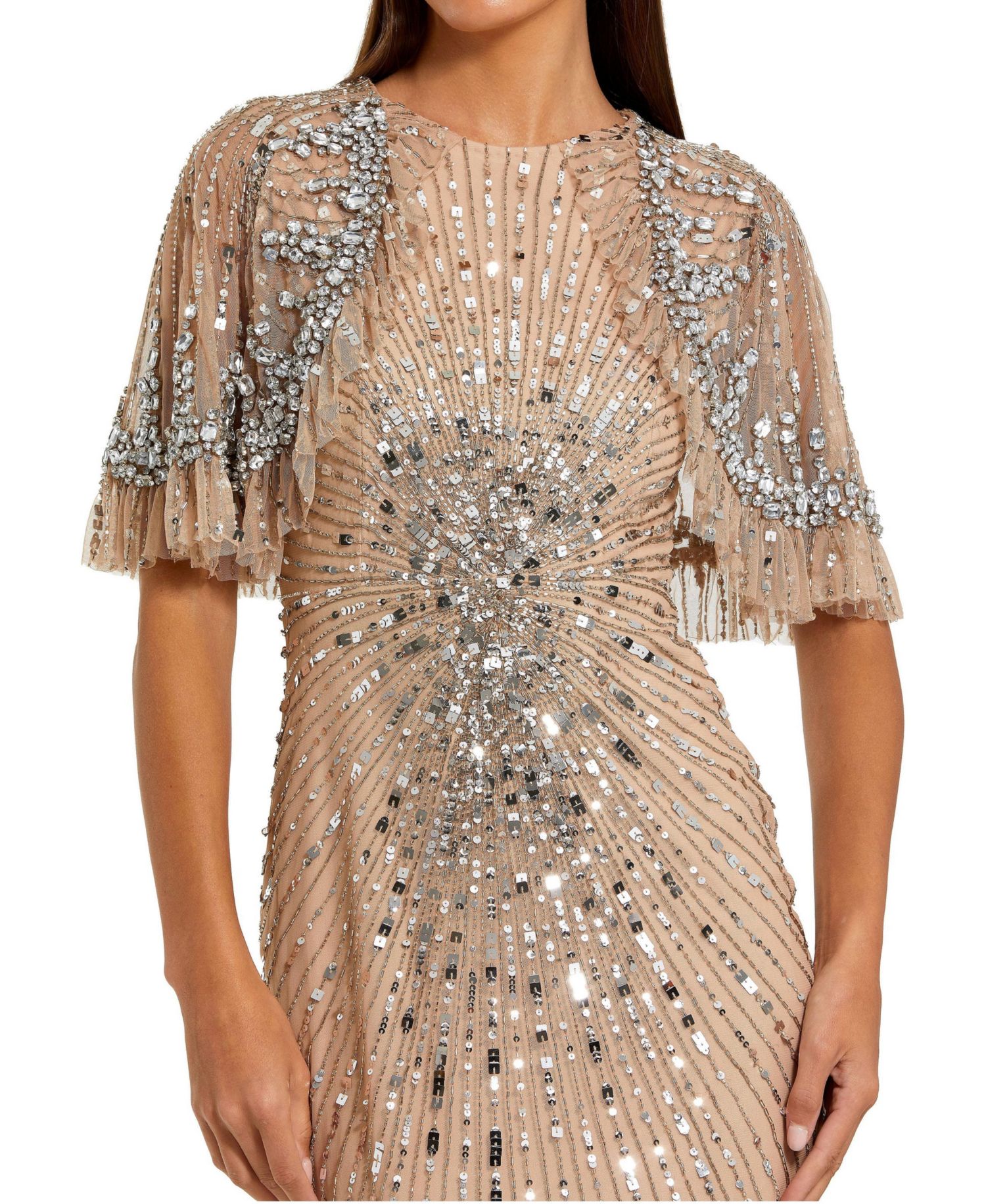 Women's Fitted Beaded Mesh Gown With Capelet