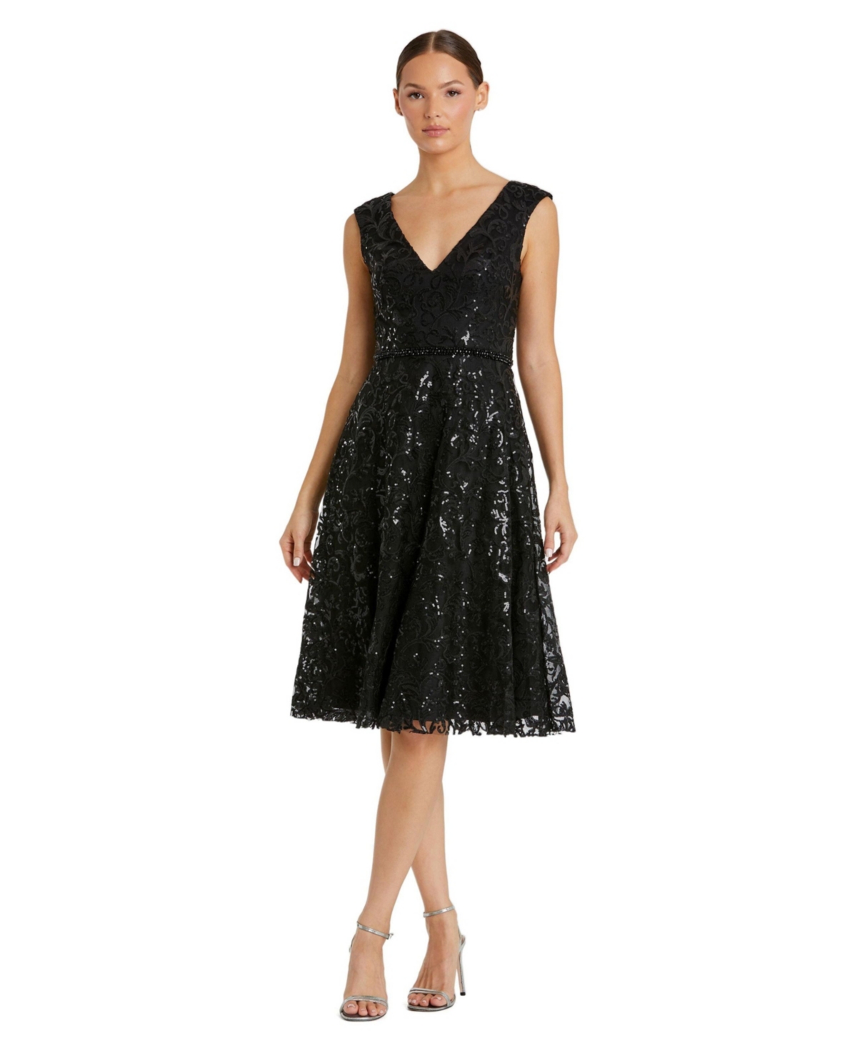 Mac Duggal Women's Sequined V Neck Cap Sleeve Dress