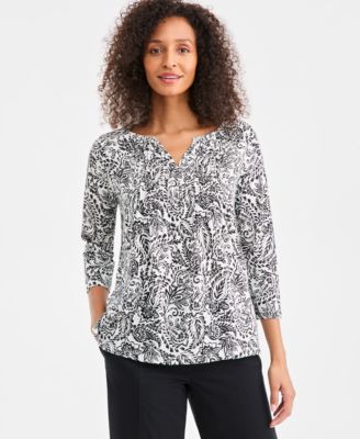 Women's Printed Split-Neck Pintucked Knit Top