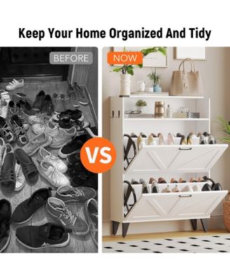 Shoe Cabinet with 2 Flip Drawers, Freestanding Shoe Cabinet Organizer with Metal Legs, Shoes Storage Cabinet for Entryway, White