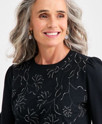 Women's Embroidered Shine Puff-Sleeve Knit Top, Macy's Exclusive