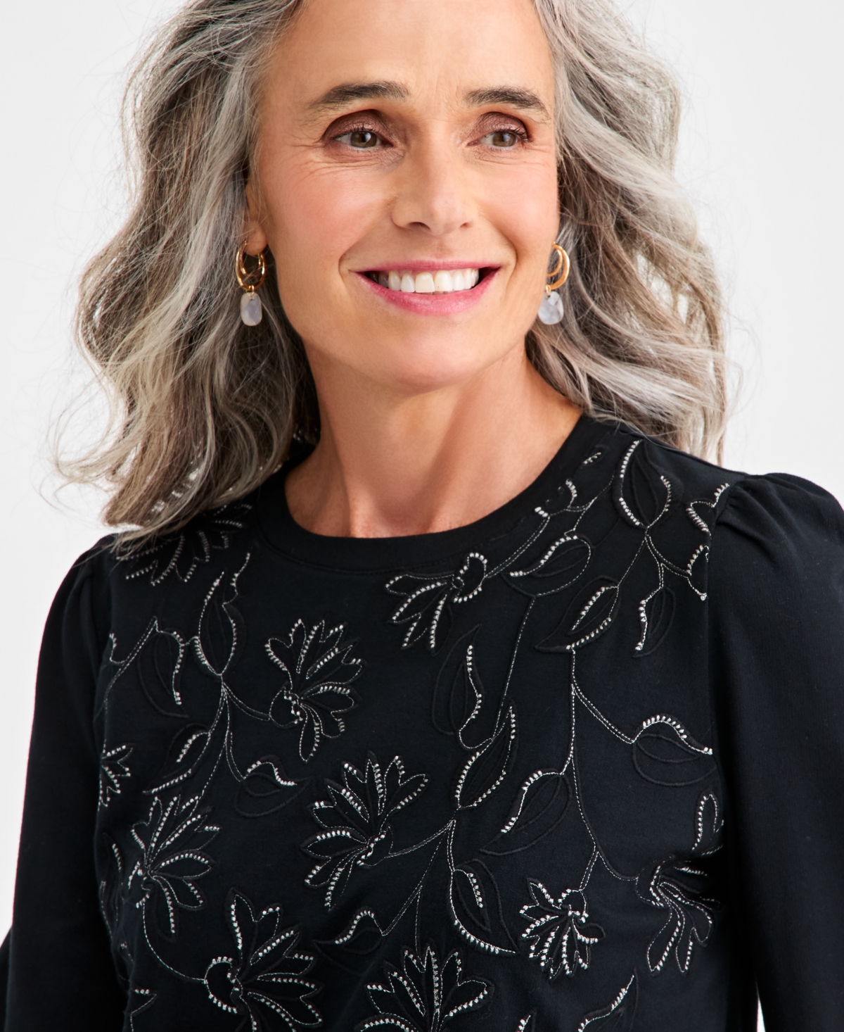 Style & Co Women's Embroidered Puff-Sleeve Knit Top, Macy's Exclusive