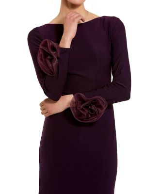Women's Long Sleeve Fitted Jersey Gown With 3D Flowers