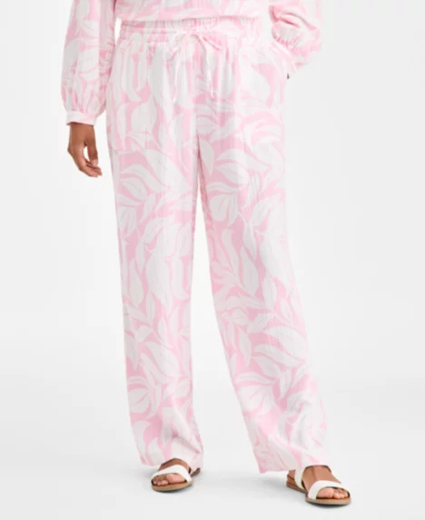 Women's Petite Printed Double Gauze Wide-Leg Pants - Fern Leaves Pink