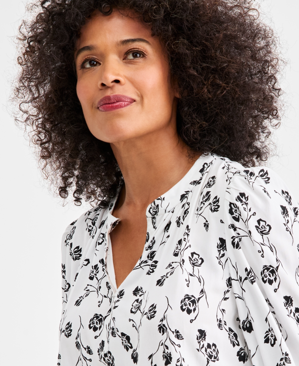 Style & Co Women's Printed Split-Neck Bubble-Sleeve Top, Macy's Exclusive