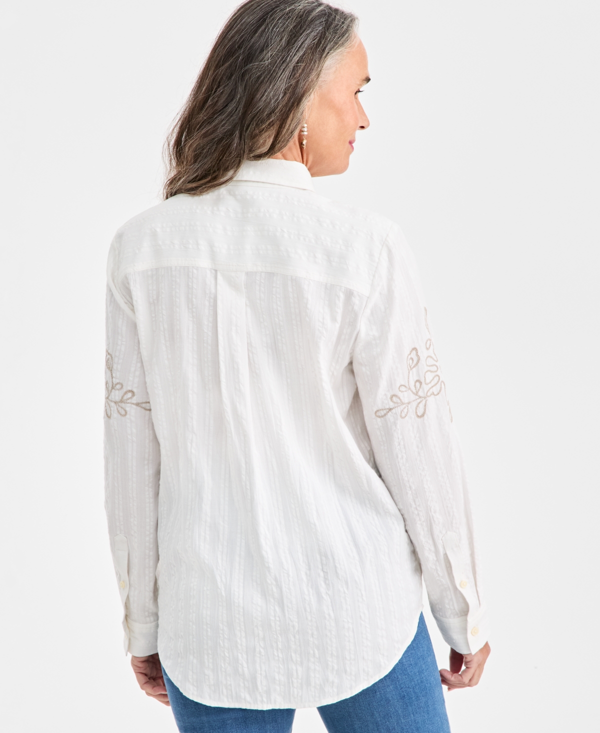 Style & Co Women's Cotton-Blend Embroidered Tonal-Stripe Blouse, Macy's Exclusive