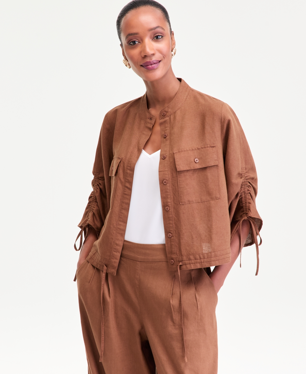 I.n.c. International Concepts Women's Tie-Sleeve Chambray Tie-Waist Blouse, Macy's Exclusive