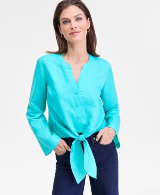 Women's Linen Tie-Front Button-Down Shirt