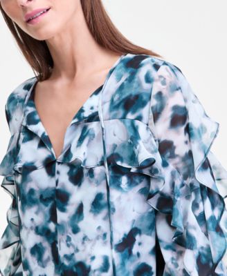 Women's Printed Ruffle-Trim Split-Neck Blouse, Macy's Exclusive