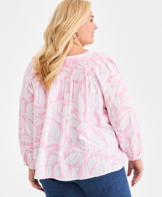 Plus Size Printed Smocked Tie-Neck Top, Macy's Exclusive