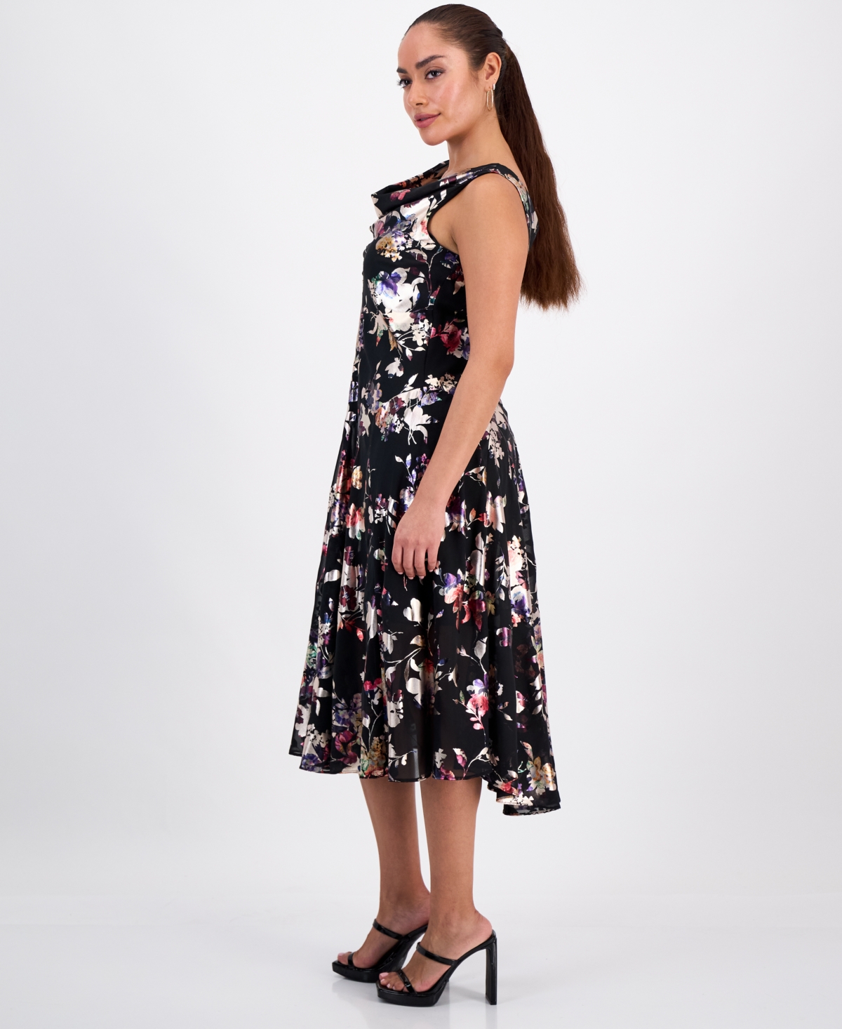 Robbie Bee Petite Foil-Print Cowlneck Midi Dress