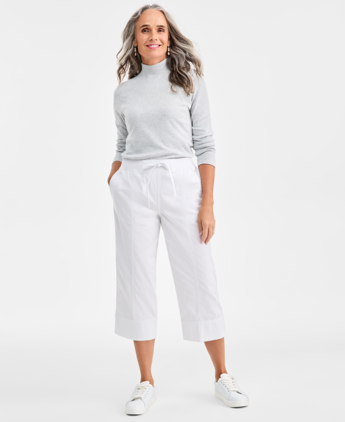 Style & Co Petite Drawstring Cuff Capri Pants In White