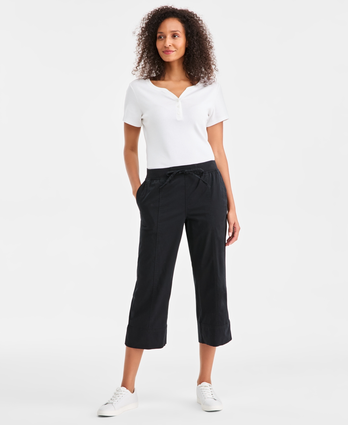 Style & Co Petite Drawstring Cuff Capri Pants In Black