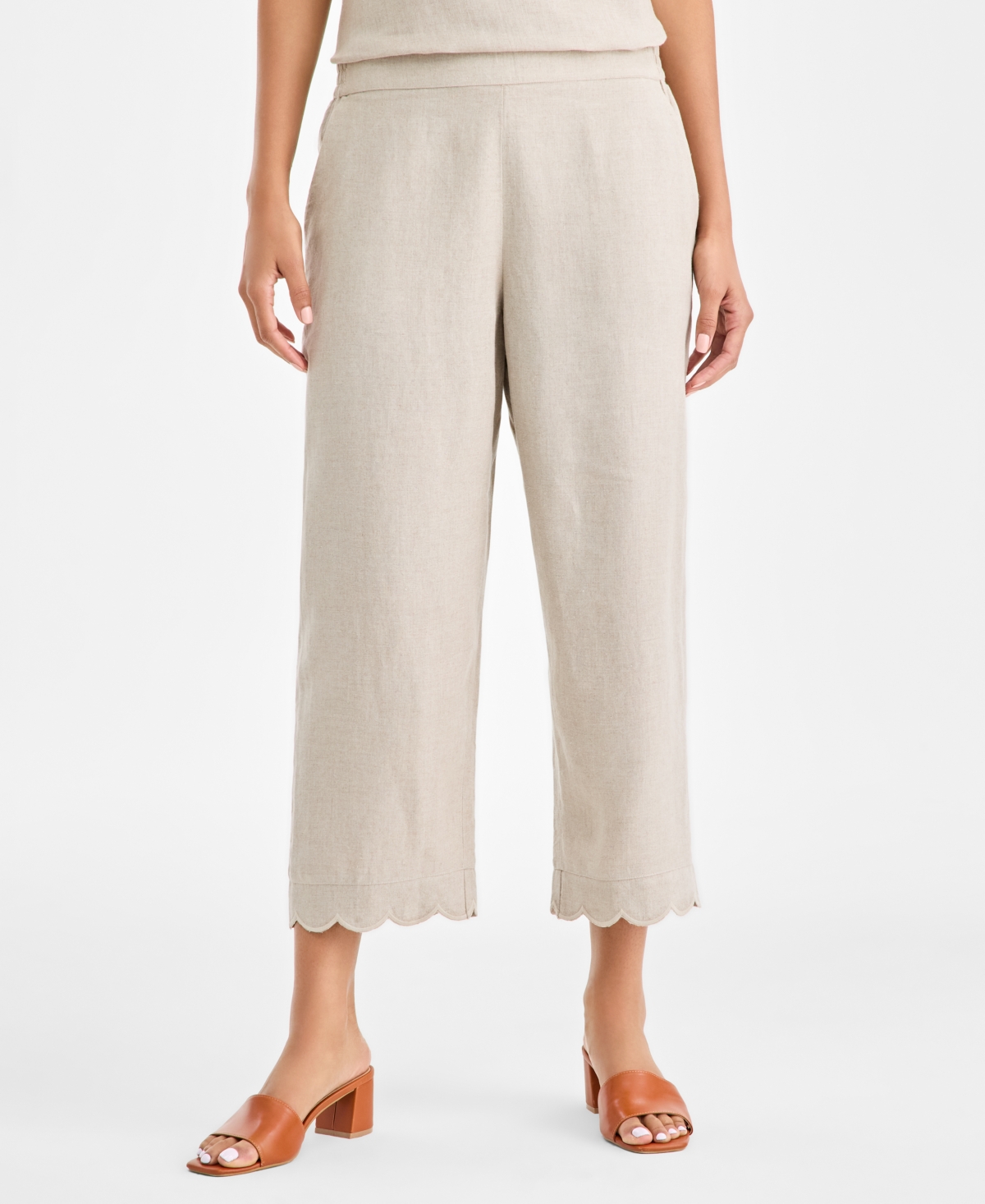 Charter Club Women's 100% Linen Cropped Scalloped-hem Wide-leg Pants, Macy's Exclusive In Brown