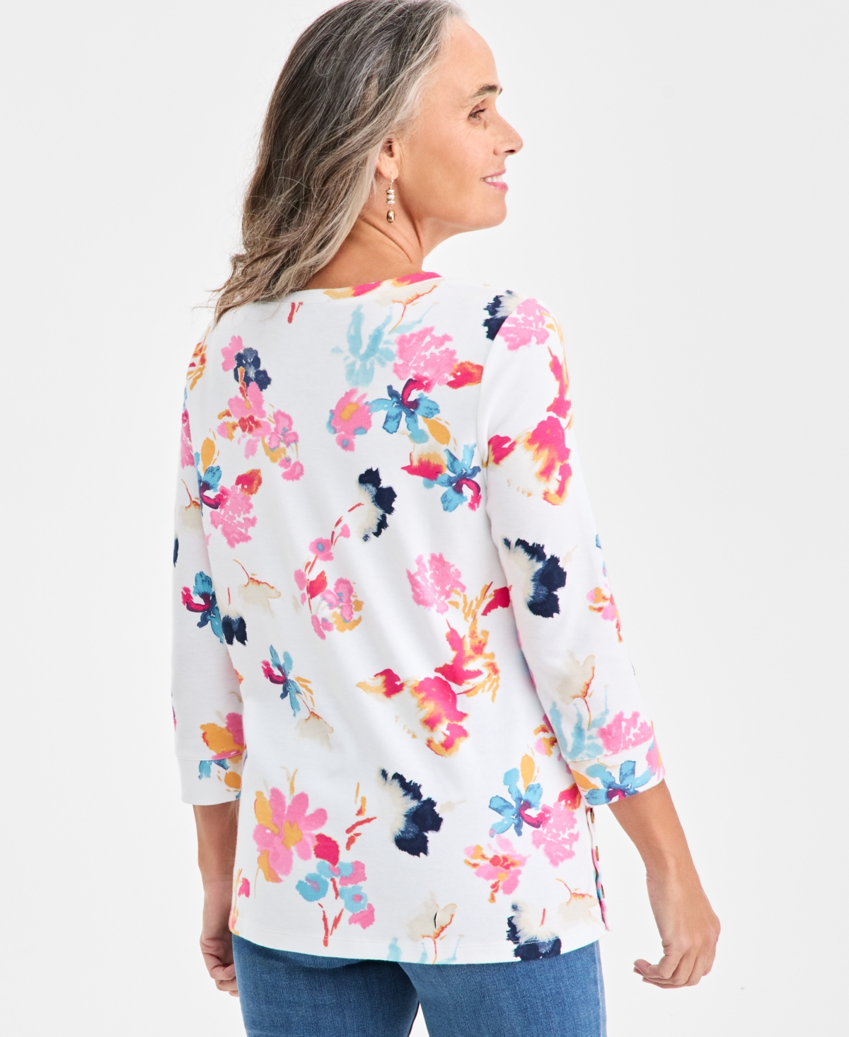 Style & Co Petite Crewneck Button Floral Essence Top In Multi