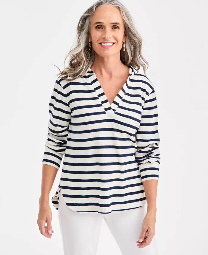 Women's Striped Waffle-Knit Pullover Hoodie - thumbnail 4