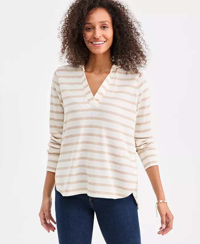 Women's Striped Waffle-Knit Pullover Hoodie