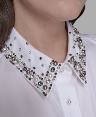 Women's Collared Long Sleeve Embellished Top