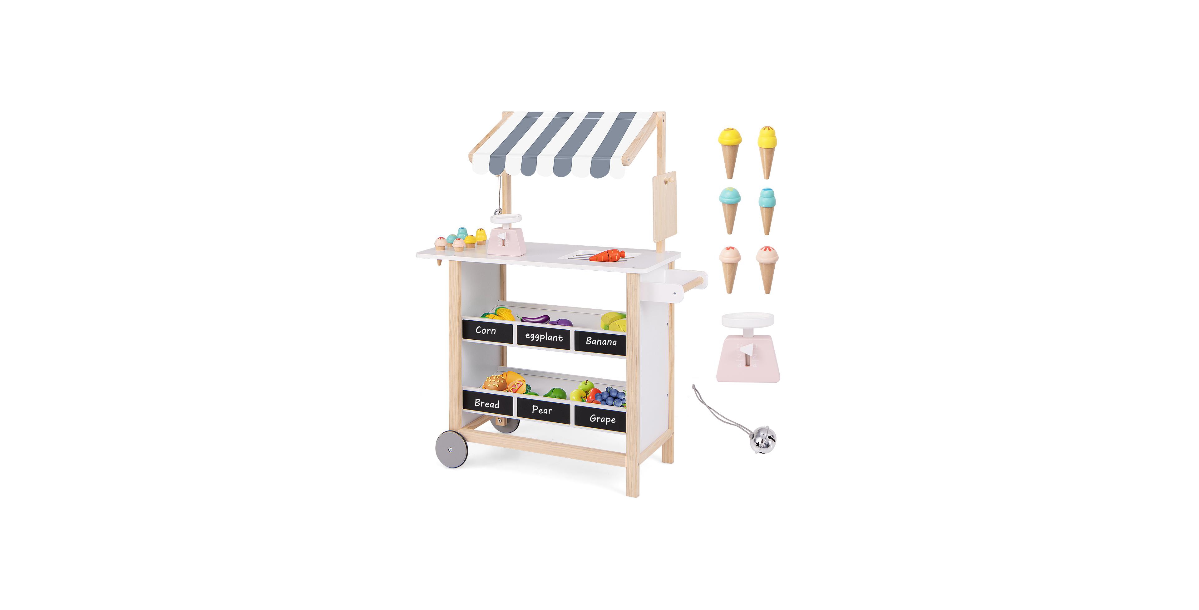 Kids Wooden Ice Cream Cart with Chalkboard and Storage, Ages 3+