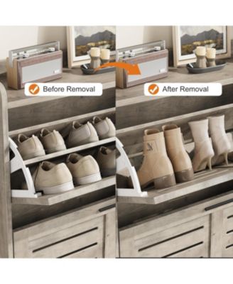 Shoe Storage Cabinet with 2 Flip Drawers, Narrow Shoe Cabinet for Entryway, Freestanding Hidden Slim Shoe Organizer Cabinet with Hooks, Gray