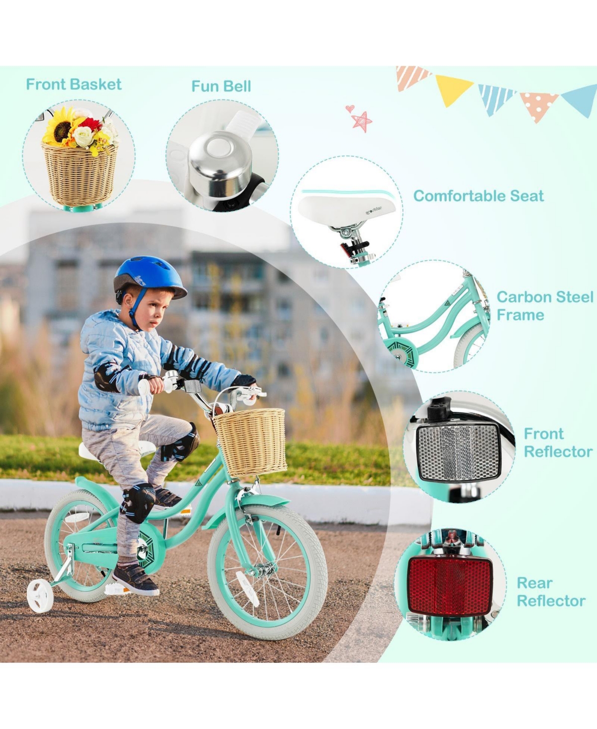 16 Inch Kids Bike with Training Wheels and Adjustable Handlebar and Seat, Green