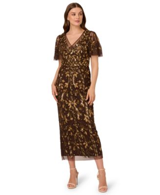 Adrianna Papell - Women's V-Neck Embellished Flutter-Sleeve Dress