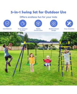5-in-1 Outdoor Kids Swing Set with A-Frame Structure and Ground Stake