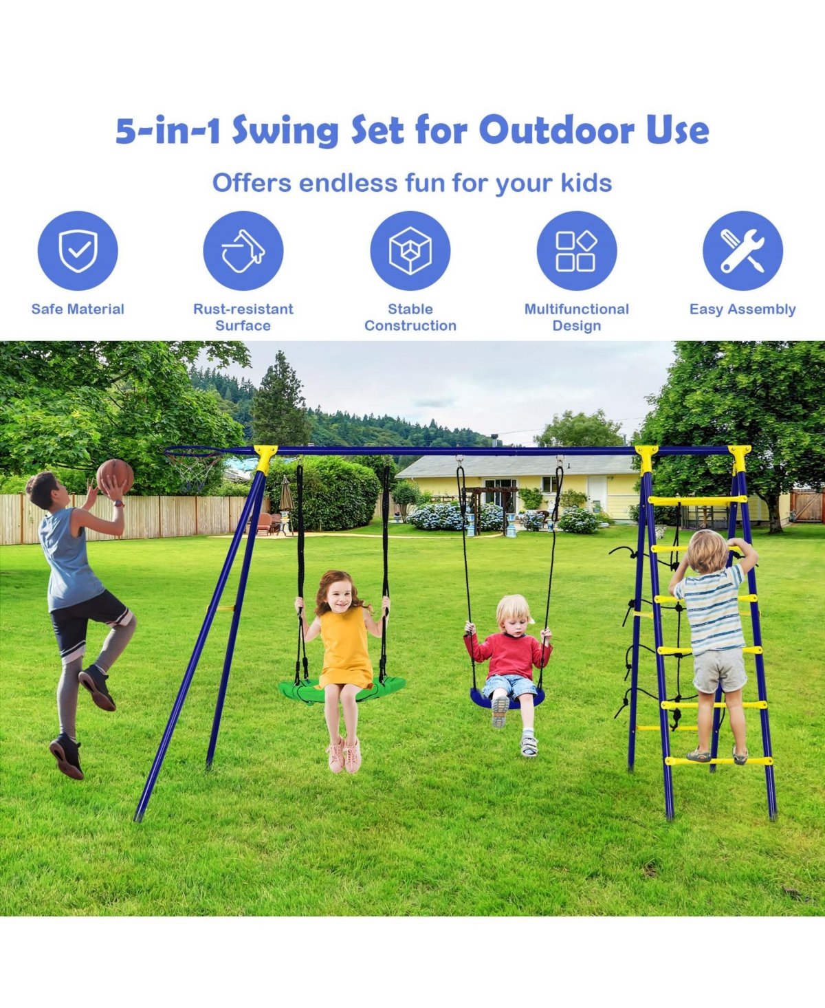 5-in-1 Outdoor Kids Swing Set with A-Frame Structure and Ground Stake