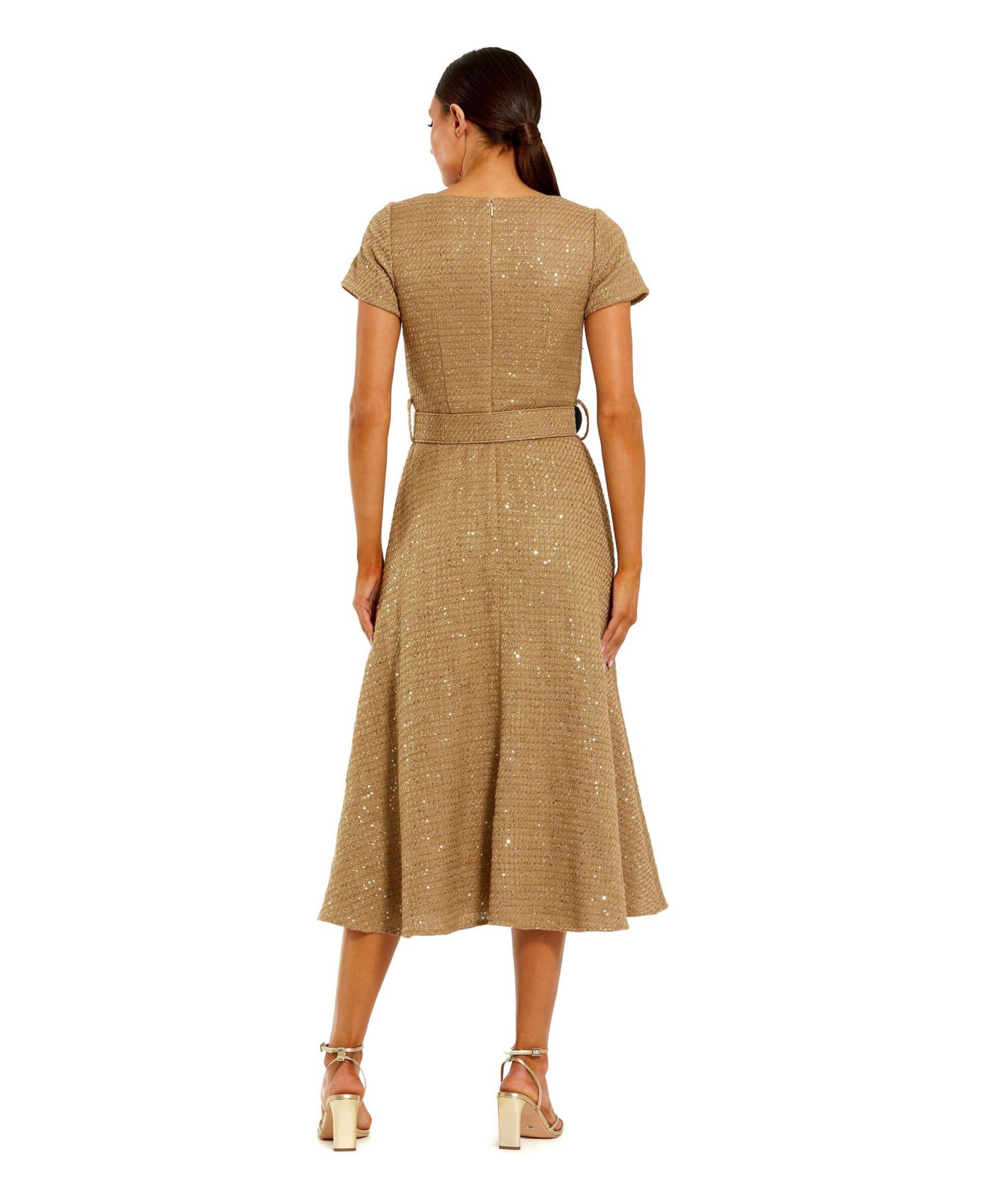 Women's Boucle Cap Sleeve High Neck Button Up Midi Dress