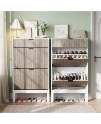 Shoe Storage Cabinet with 2 Flip Drawers,Entrance Wooden Shoe Rack with Iron Legs,Farmhouse Fluted Shoe Organizer for Entryway,Hallway,Foyer,Black+Oak