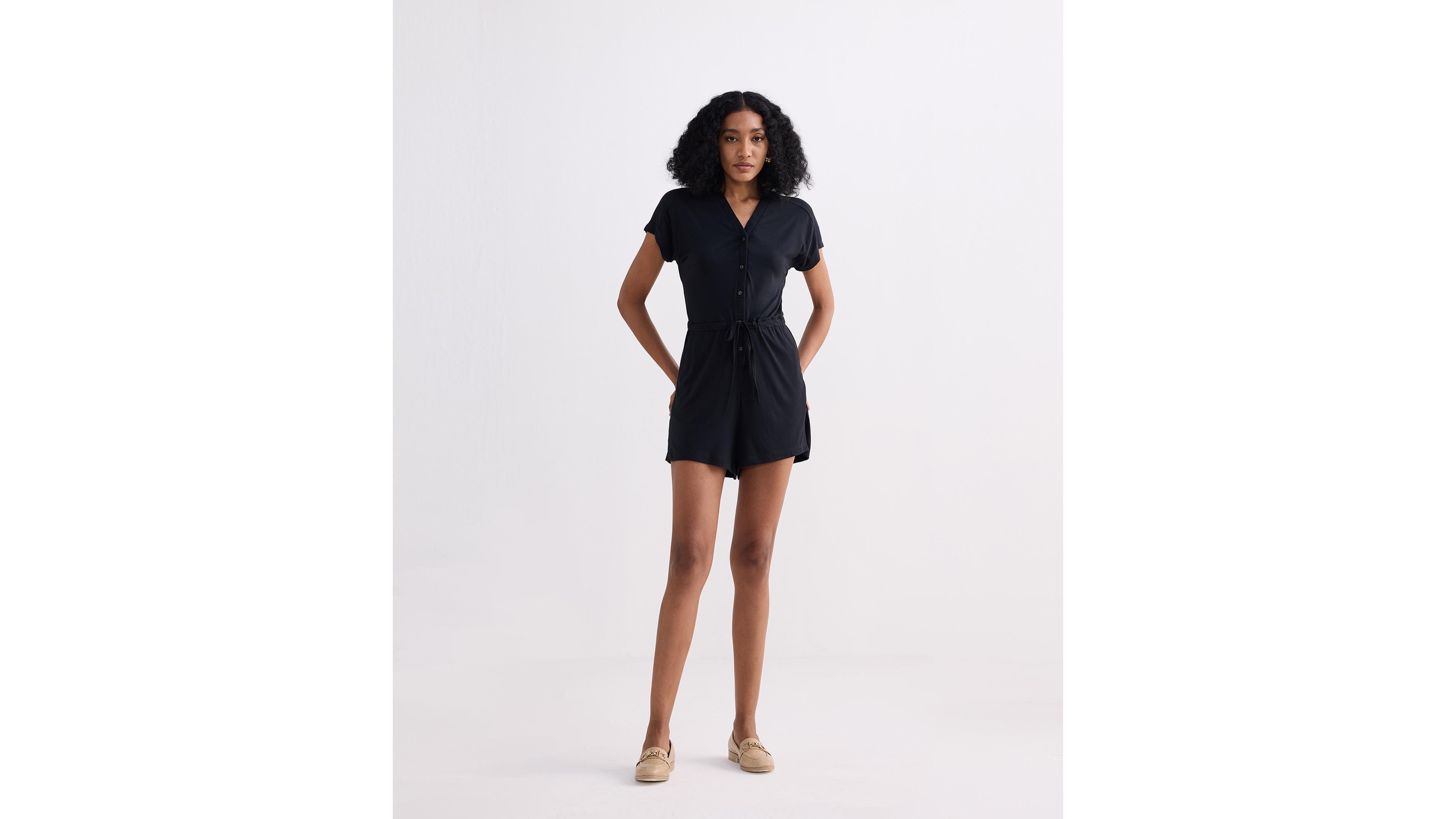Reistor Women's V neck Drawstring Knit Romper Black