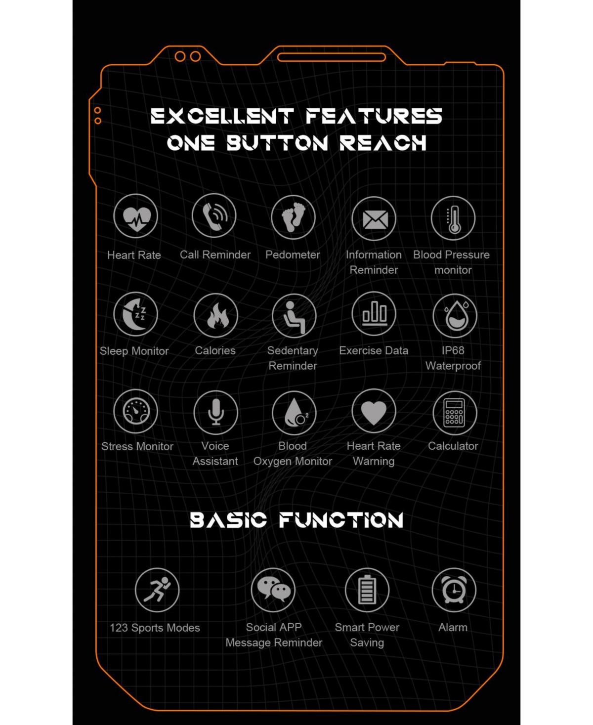 Ruxing Smart 1.83'' Bluetooth Call Heart Rate Monitoring Information Push Bracelet Outdoor Sports for Women Men -Orange