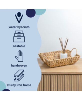 Hand-Woven Hyacinth Rectangular Decorative Basket Trays with Handles (Set of 3)