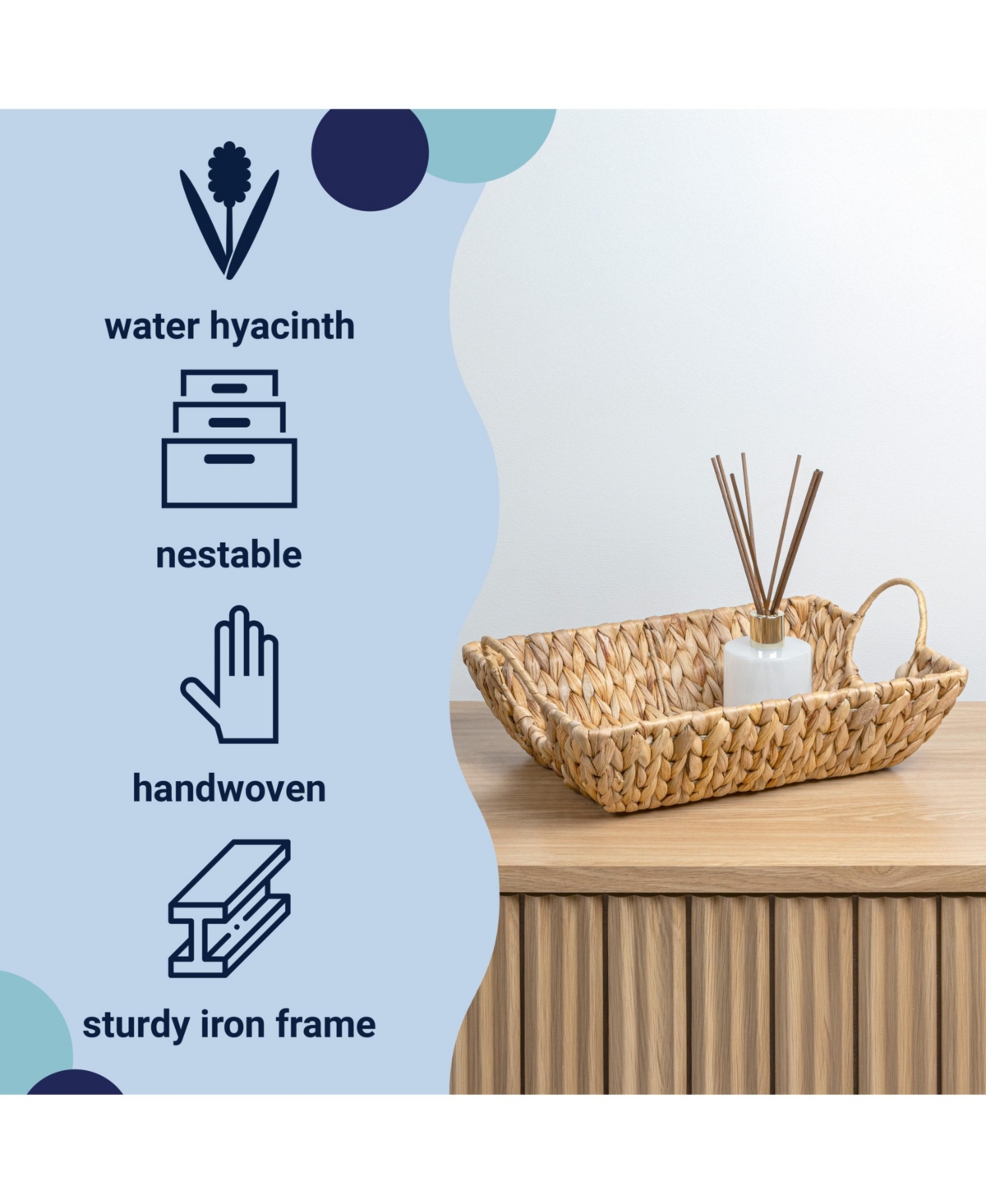 Hand-Woven Hyacinth Rectangular Decorative Basket Trays with Handles (Set of 3)