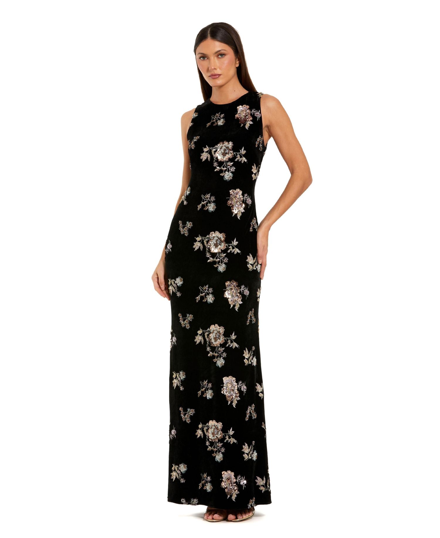 Women's Embellished Velvet High Neck Sleeveless Gown