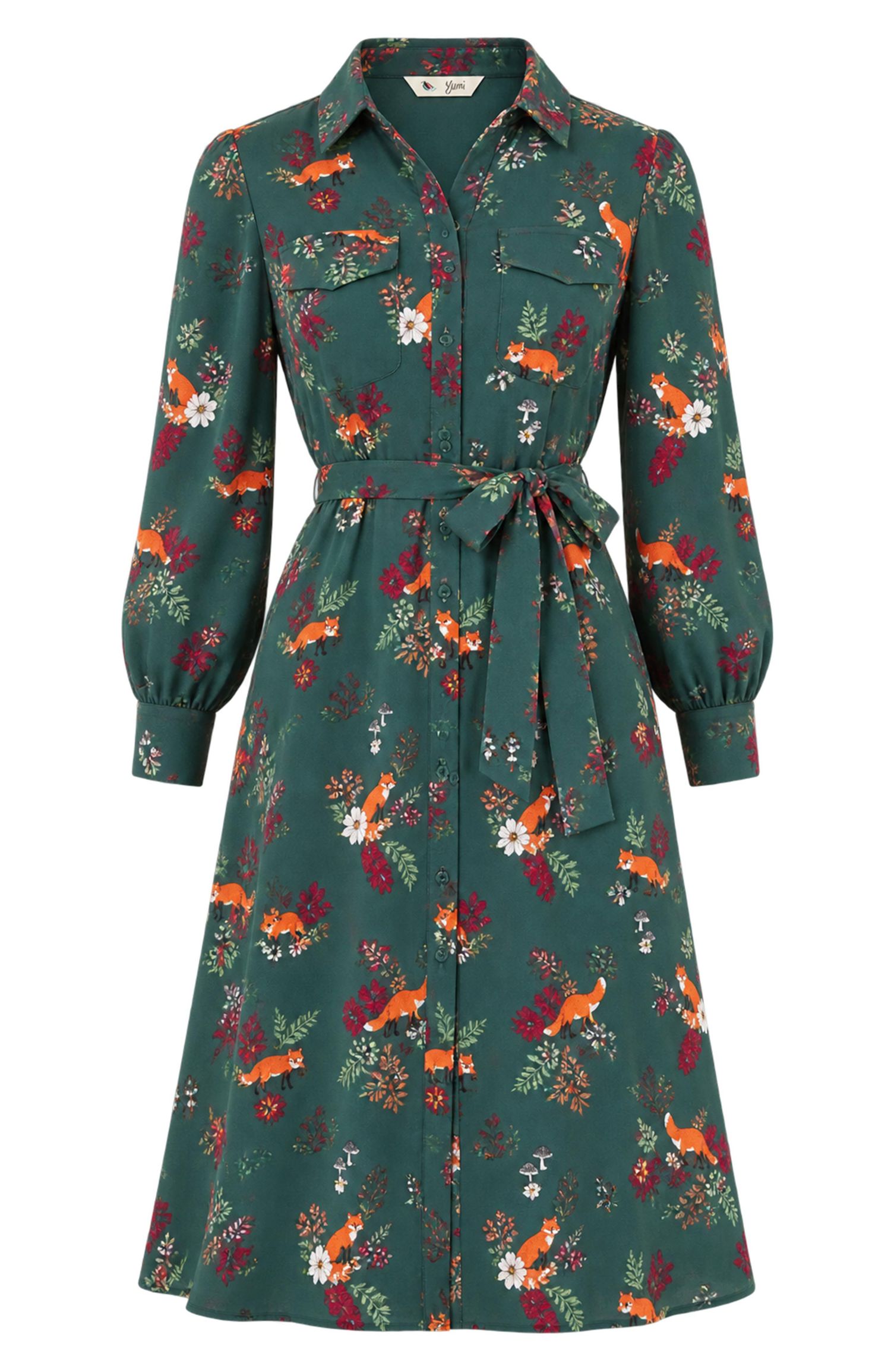 Women's Fox Print Shirt Midi Dress