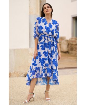 Women's Kimono Sleeves Midi Dip Hem Wrap Dress