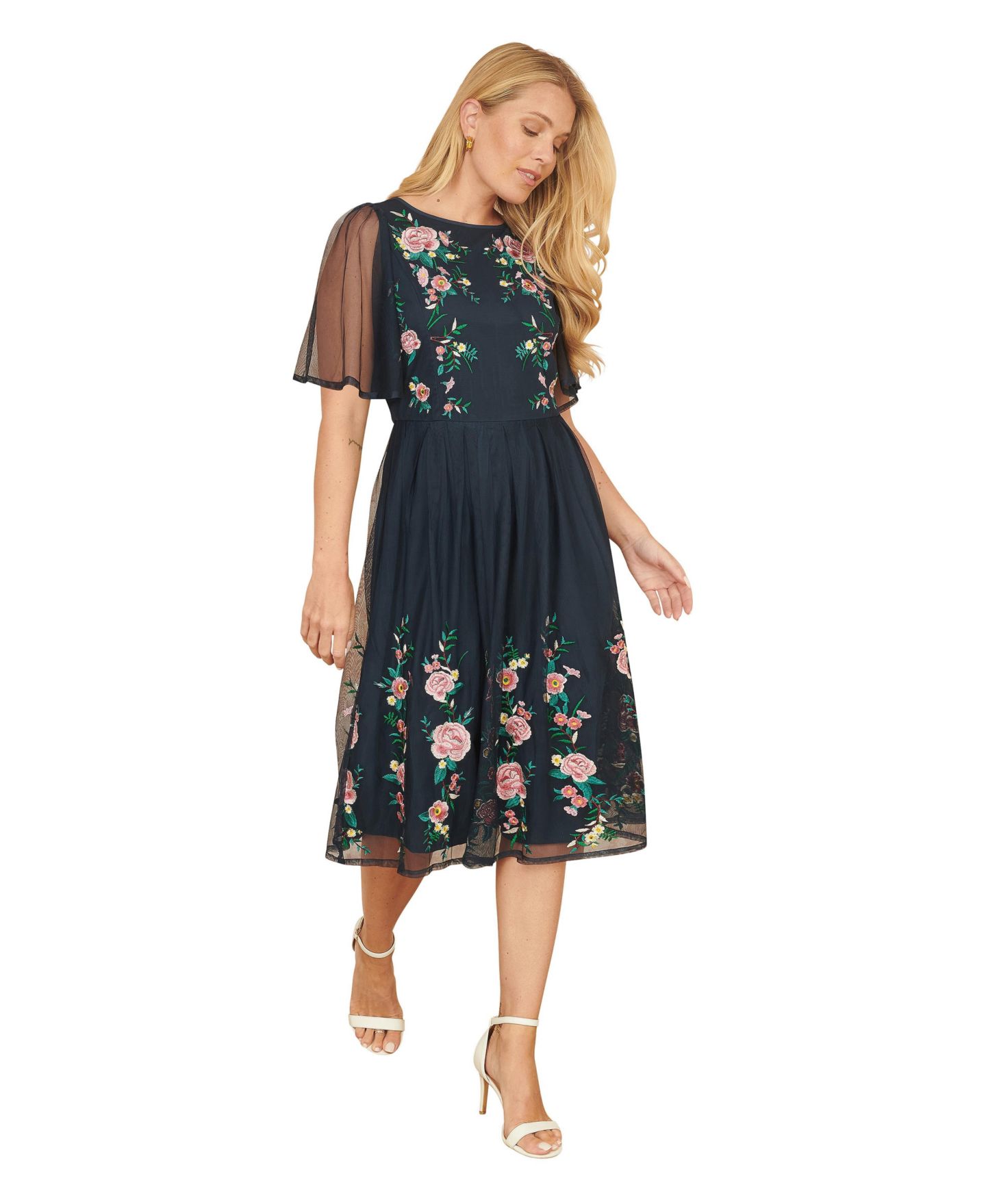 Женское платье Yumi Embroidered Mesh Sleeve Prom, цвет: Тёмно-синий — фото 1