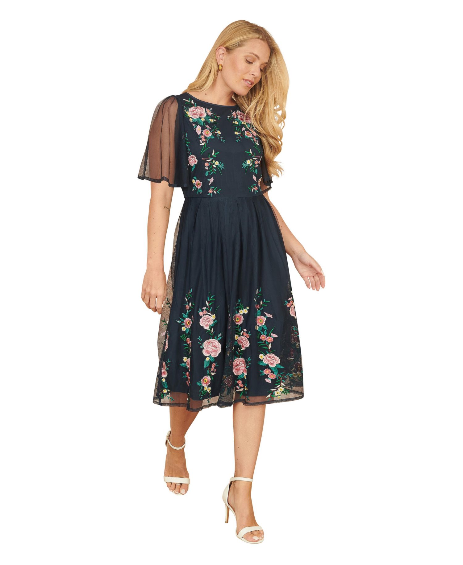 Women's Embroidered Mesh Sleeve Prom Dress
