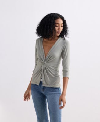 Women's Twist Front Knit Shirt in Light Olive