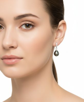 Cultured Tahitian Pearl (8-9mm) and Lab Created White Sapphire (0.152 ct. t.w.) Drop Earrings in Sterling Silver