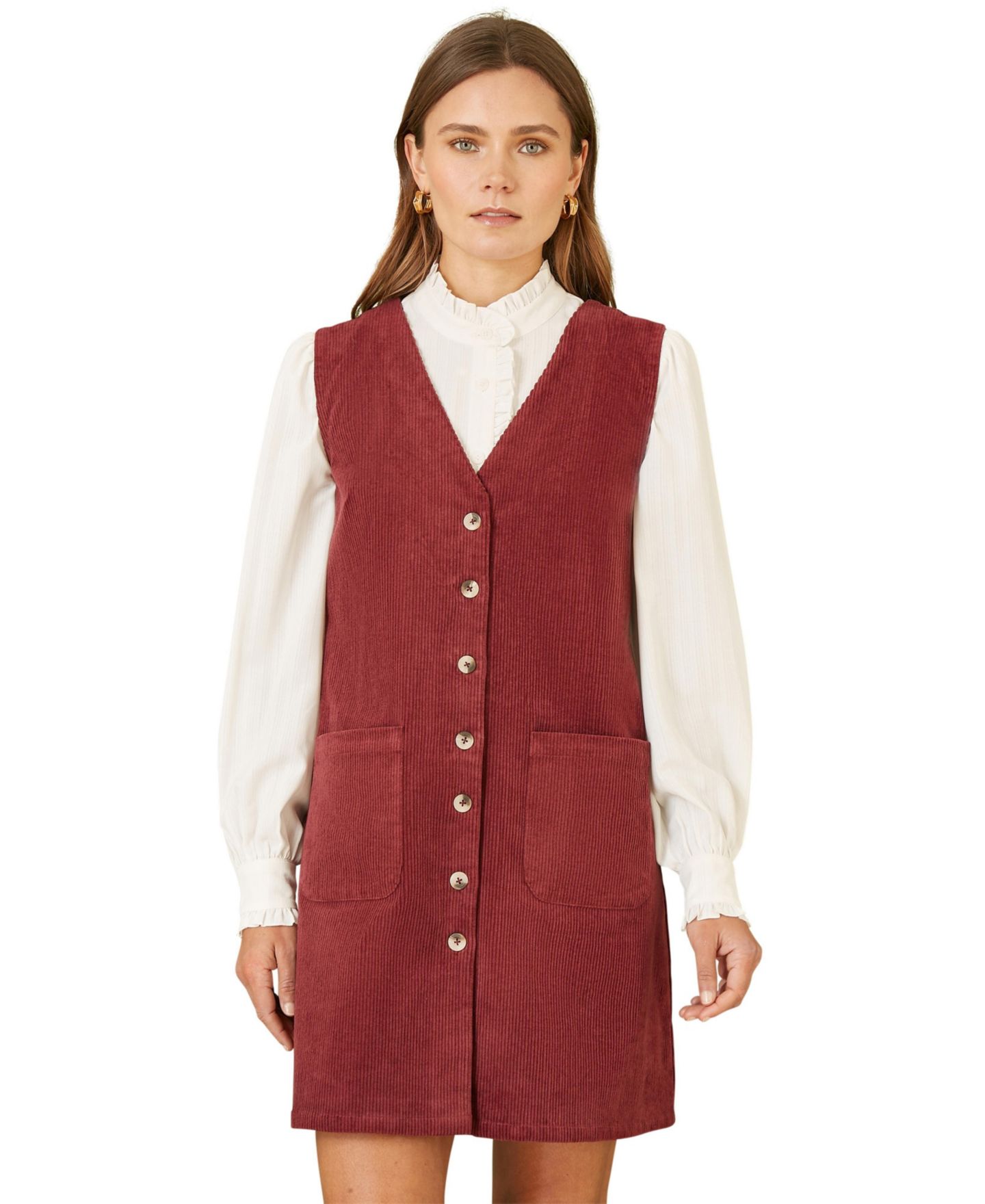 Женское платье Yumi V-Neck Cord Pinafore, цвет: Бордовый — фото 4