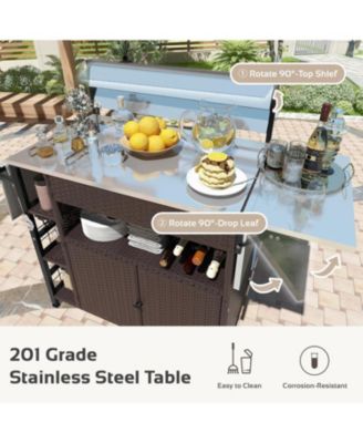 60" 1-Pc. Outdoor Bar Cart with Rattan Storage Cabinet and Steel Frame